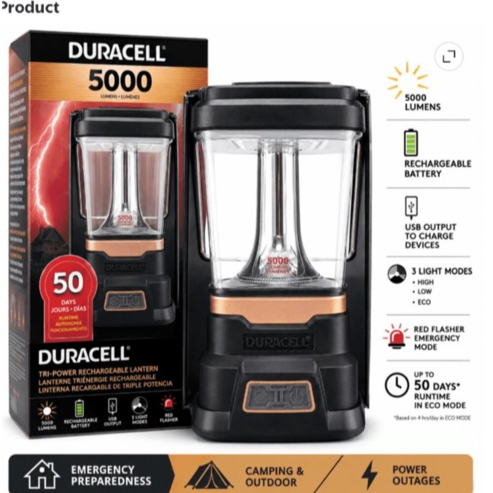 NEW Duracell TRI-POWER 5000 Lumens Rechargeable LED Lantern, Solar, USB-C